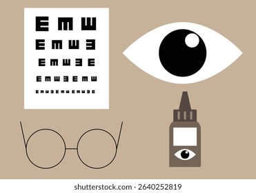 Doctor Vision Test with Abstract Eye Drops and Glasses. Health care, medicine and eyes well being vector art