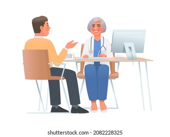 Doctor visit. Check up. Woman doctor and patient. Vector illustration in cartoon style