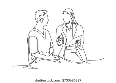 Visita al médico y concepto de cónsul. Diseño de dibujo de línea única. Ilustración gráfica de Vector