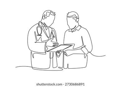 Visita al médico y concepto de cónsul. Diseño de dibujo de línea única. Ilustración gráfica de Vector