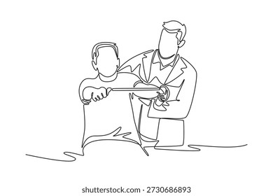 Visita al médico y concepto de cónsul. Diseño de dibujo de línea única. Ilustración gráfica de Vector