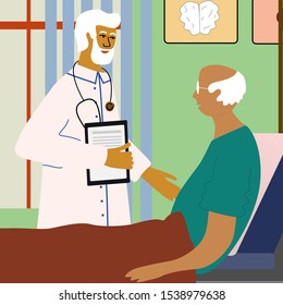 Doctor  visit examining old man lying in bed. Care of elderly people medical concept with doctor and patient. Vector illustration in trendy cartoon style.