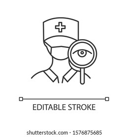 Doctor visit linear icon. Common cold aid. Clinic and hospital worker with stethoscope. Healthcare aid. Thin line illustration. Contour symbol. Vector isolated outline drawing. Editable stroke