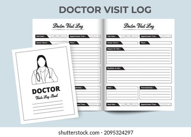 Doctor visit log book KDP interior. Medical Visit Log Book. Medical notebook. Health Care Log Book and medical Tracker. KDP ready log book. Woman doctor line art.