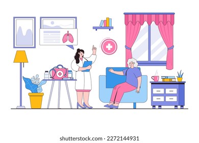 Doctor visit, medical diagnostic healthcare service concept with old patient. Outline design style minimal vector illustration for landing page, web banner, infographics, hero images.