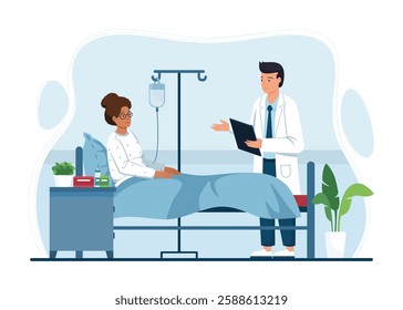 Doctor visit woman patient lying on bed with intravenous drip. Consultation with physician in hospital room. Surgeon tells about results of examination, disease, treatment plan. Vector illustration.