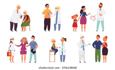 Doctor visiting. Cartoon doctors, woman examining in hospital. Patient talking with nurse, decent medicine for family and elderly people vector set