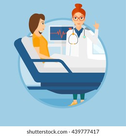 Doctor visiting female patient at hospital ward. Doctor pointing finger up during consultation with patient in hospital room.Vector flat design illustration in the circle isolated on background.