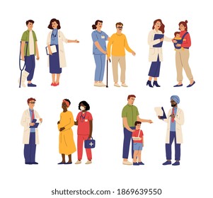 Doctor visiting. Medical help, hospital nurse caring patient. People health diagnosis, consultation with swanky medicine worker vector set