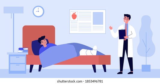 Doctor visiting patient with broken leg. Upset man with plaster on ankle in hospital room flat vector illustration. Trauma, healthcare, therapy concept for banner, website design or landing web page