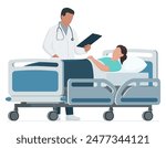 Doctor visiting a patient at the hospital, the female patient is lying down on a medical bed, healthcare concept, isolated