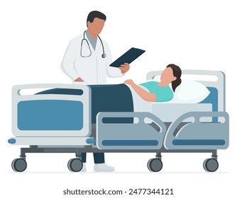 Doctor visiting a patient at the hospital, the female patient is lying down on a medical bed, healthcare concept, isolated