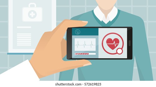 Arzt, der einen Patienten im Krankenhaus besucht, nutzt eine erweiterte Reality-App und überwacht Herzschlag, Gesundheitswesen und Technologiekonzept