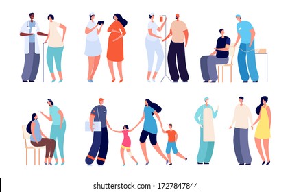 Doctor visiting. Patient in hospital, ill people get treatment. Medical office, flat health care. Man woman on check up vector illustration