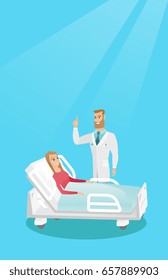 Doctor visiting a patient in a hospital room. Doctor pointing with his finger up during a consultation with a patient who lying in a hospital bed. Vector flat design illustration. Vertical layout.