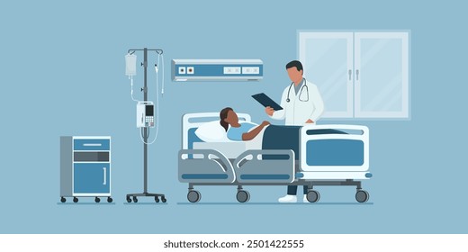 Doctor visiting a patient lying in bed at the hospital, healthcare and medicine concept