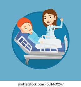 Doctor visiting patient. Doctor pointing finger up during visiting of patient. Woman lying in hospital bed while doctor visits her. Vector flat design illustration in the circle isolated on background