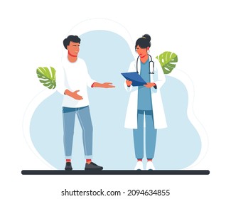 Doctor Visiting A Patient. Doctor Reads The Medical History To The Patient. Man Talking With Man Doctor. Patient Having Consultation With Doctor Therapist In Hospital. Flat Vector Illustration.