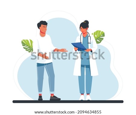 Doctor visiting a patient. doctor reads the medical history to the patient. man talking with man doctor. Patient having consultation with doctor therapist in hospital. flat vector illustration.