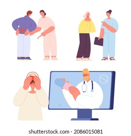 Doctor visiting. People with pain and medical person with painkillers. Telemedicine, family doctors and nurses. Online pills buy, hospital vector characters