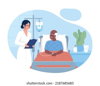 Doctor visiting senior patient in ward 2D vector isolated illustration. Medicine and treatment flat characters on cartoon background. Healing colourful editable scene for mobile, website, presentation