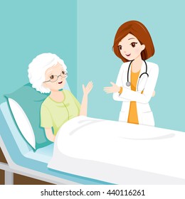 Doctor Visiting And Talking With Elderly Patient On Bed, Physician, Hospital, Checkup, Healthy, Treatment, Personnel