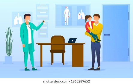 Doctor and visitors in pediatrician office. Pediatrist in uniform meet father and daughter. Healthcare consultation, medical checkup and prescription for parent. Vector illustration