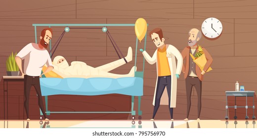 Doctor and visitors at severe injured fully bandaged patient bedside in hospital cartoon poster vector illustration 