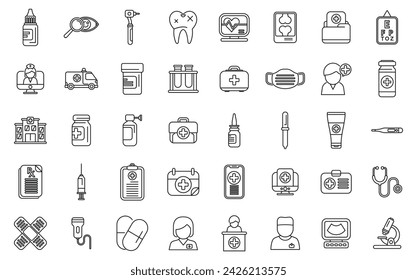 Doctor visits icons set outline vector. Nurse mask. Care home