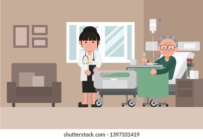 A doctor visits a patient lying on hospital bed. Senior man resting In a Bed. Flat cartoon style vector illustration.