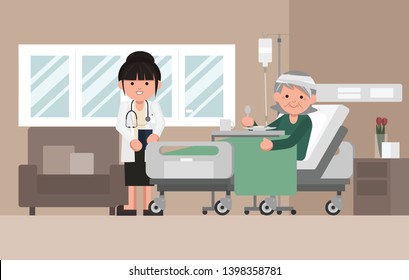 A doctor visits a patient lying on hospital bed. Senior woman resting In a Bed. Flat cartoon style vector illustration. Sick grandmother with doctor.