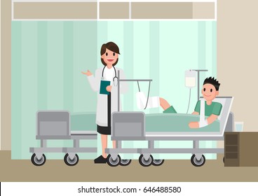 A doctor visits a patient lying on hospital bed. Flat cartoon style vector illustration.