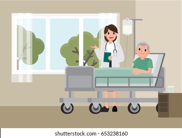 A doctor visits a patient lying on hospital bed. Senior man resting In a Bed. Flat cartoon style vector illustration.