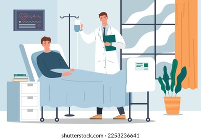 El médico visita al paciente. Profesional con abrigo médico en la cama de los hombres. Atención de la salud, diagnóstico y opciones de tratamiento. Joven en el hospital. Afiche o cartel para el sitio web. Dibujo vectorial plano de dibujos animados