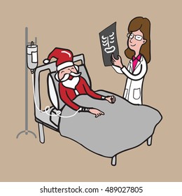 Doctor visits patient Santa cartoon drawing