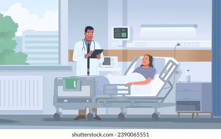 El doctor visita a una mujer enferma en una habitación de hospital. Hospitalización del paciente y tratamiento en la clínica. Ilustración vectorial en estilo plano