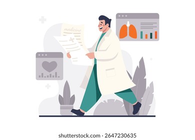 Doctor walking with medical reports and smiling in hospital illustration showing health data and analysis in modern flat style