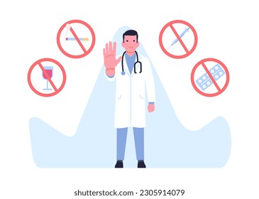 Doctor warns about dangers of smoking, alcohol and drugs. Bad habits, bad health effects, warning information for patient, unhealthy lifestyle. Cartoon flat style