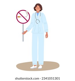 Doctor warns about dangers of smoking. Doctor wearing special blue medical clothes holding No smoking sign in her hand. Vector illustration on white background. Woman doctor character. Warning sign.