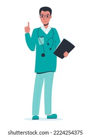 The doctor warns. The male doctor raised his index finger up, holding a folder with analyzes in his hands. Vector, flat illustration, white background.