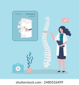 Doctor watching a x-ray of pain on spine in back of body. Spinal cord disorder and disease, back pain, lumbar, cervical neck. Woman orthopedist, chiropractic. Office syndrome and health. flat vector