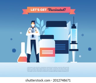 doctor wear face mask asking to vaccinated concept with vacine bottle and medical injectioon