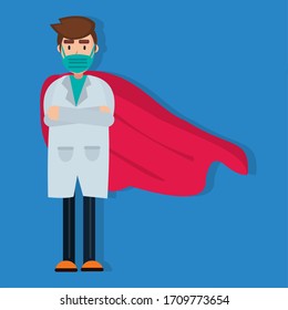 doctor wear face mask and hero cloak for doctor hero concept vector illustration