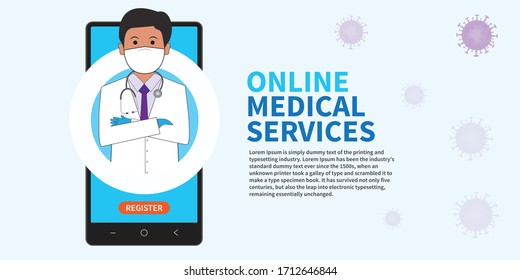 Doctor wear face mask,contact corona virus information, register smartphone online healthcare - Vector illustration.
