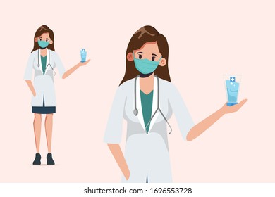 Doctor wear mask and present sanitizer alcohol gel.