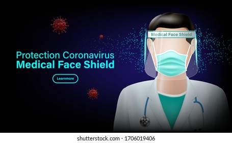 Doctor wear medical face shield and mask. Pandemic flu outbreak coronavirus or covid-19 protection concept. Vector illustration design.