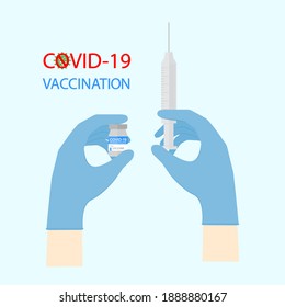 Doctor wear medical gloves hand holding vaccine bottle COVID-19 with syringe on blue background. Design for mockup Coronavirus Covid-19 vaccination concept. vector illustration.