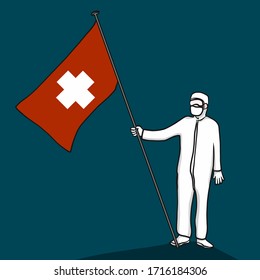 Doctor wear Protection cloth standing with heathy flag cartoon vector illustration