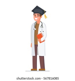 Doctor wearing academic cap. Medical education concept. Vector medicine illustration