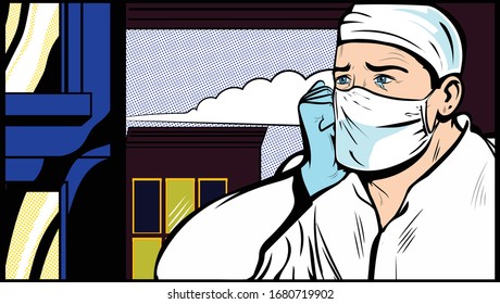 Doctor wearing a biomedical mask in scrubs gloves and crying during the coronavirus pandemic crisis. Vector illustration in retro comic style. Vector pop art